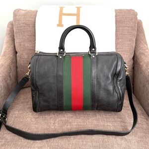 Authentic Gucci Web Medium Boston Bag black leather red green accents w strap